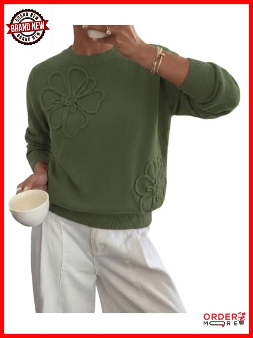 Womens Floral Embroidered Crew Neck Pullover Sweater Long Sleeve Knit